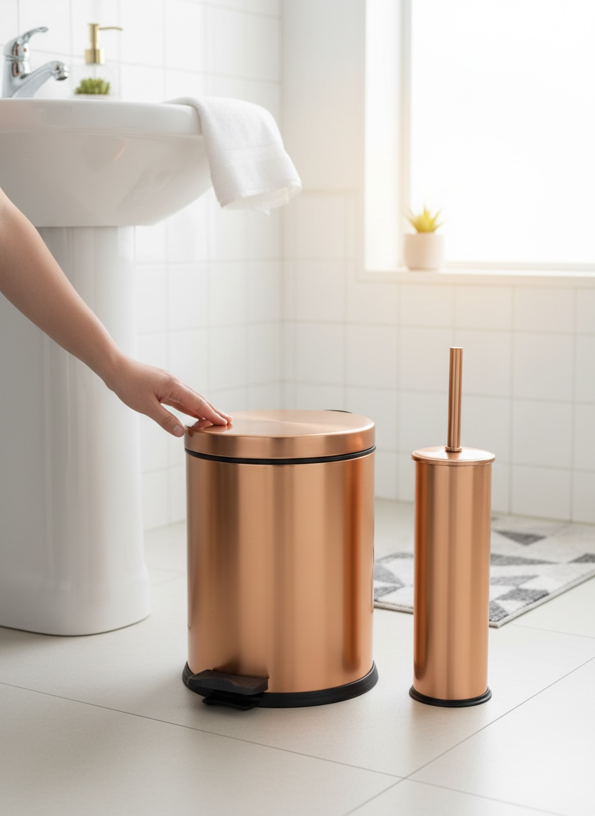Mat Bakır Çöp Kovası ve Klozet Fırçası Seti Mat Bronz Pedallı Kova Antibakteriyel Fırça Paslanmaz