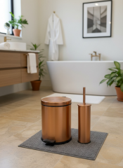 Mat Bakır Çöp Kovası ve Klozet Fırçası Seti Mat Bronz Pedallı Kova Antibakteriyel Fırça Paslanmaz