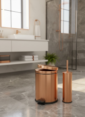 Mat Bakır Çöp Kovası ve Klozet Fırçası Seti Mat Bronz Pedallı Kova Antibakteriyel Fırça Paslanmaz