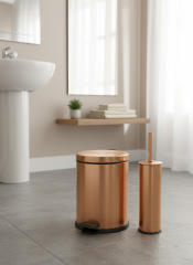 Mat Bakır Çöp Kovası ve Klozet Fırçası Seti Mat Bronz Pedallı Kova Antibakteriyel Fırça Paslanmaz