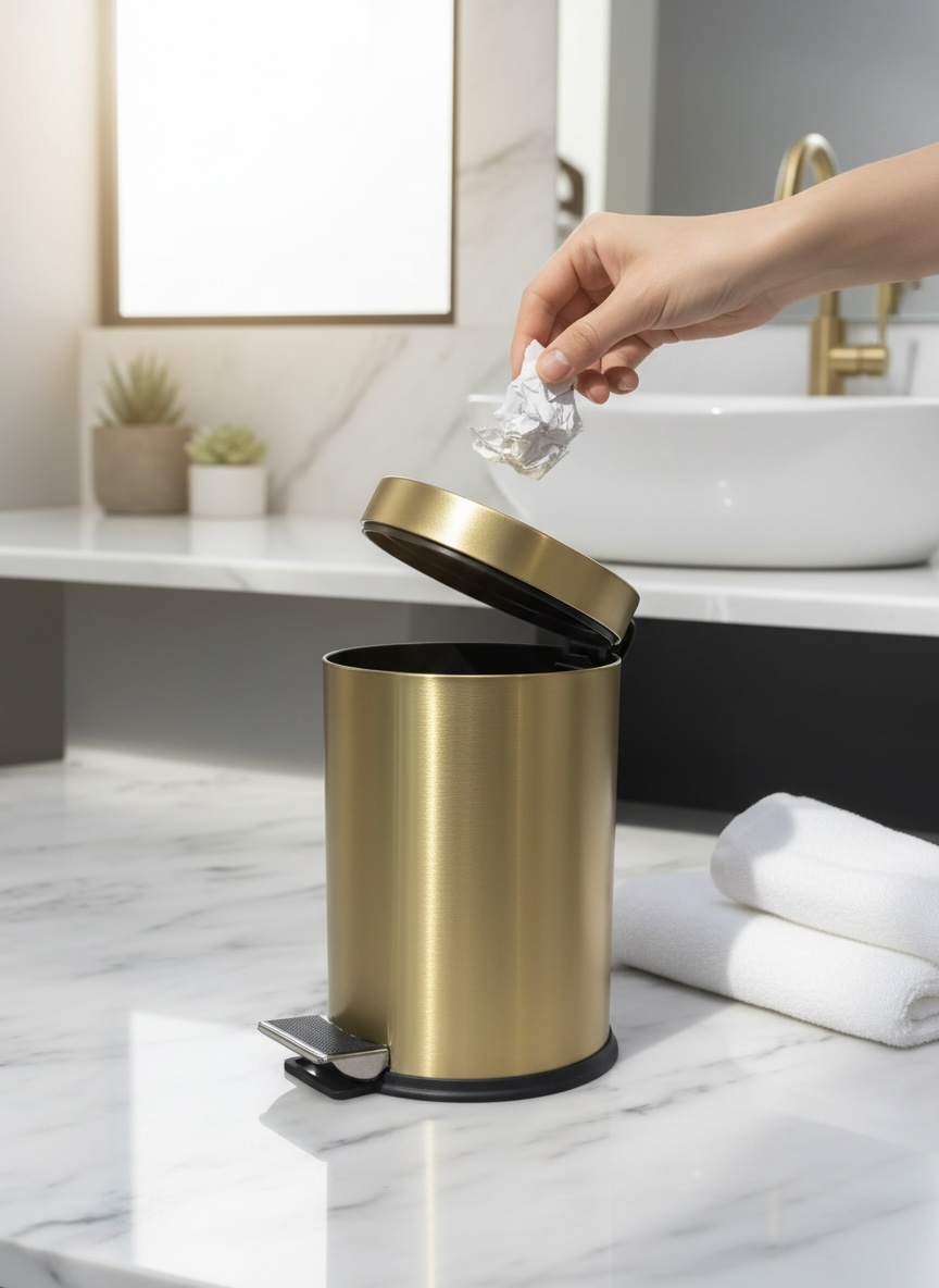 Mat Gold Çöp Kovası Fırçalanmış Altın Banyo Pedallı Çöp Kovası Modern Tasarım Paslanmaz Çelik