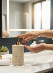 Bakır Traverten Sabunluk Banyo Seti Doğal Taş El Yapımı Sabunluk Diş Fırçalık Bronz Banyo Seti