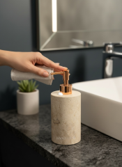 Bakır Traverten Sabunluk Banyo Seti Doğal Taş El Yapımı Sabunluk Diş Fırçalık Bronz Banyo Seti