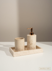 Bakır Traverten Sabunluk Banyo Seti Doğal Taş El Yapımı Sabunluk Diş Fırçalık Bronz Banyo Seti