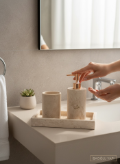 Bakır Traverten Sabunluk Banyo Seti Doğal Taş El Yapımı Sabunluk Diş Fırçalık Bronz Banyo Seti