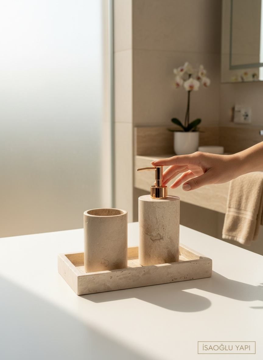 Bakır Traverten Sabunluk Banyo Seti Doğal Taş El Yapımı Sabunluk Diş Fırçalık Bronz Banyo Seti