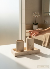 Bakır Traverten Sabunluk Banyo Seti Doğal Taş El Yapımı Sabunluk Diş Fırçalık Bronz Banyo Seti