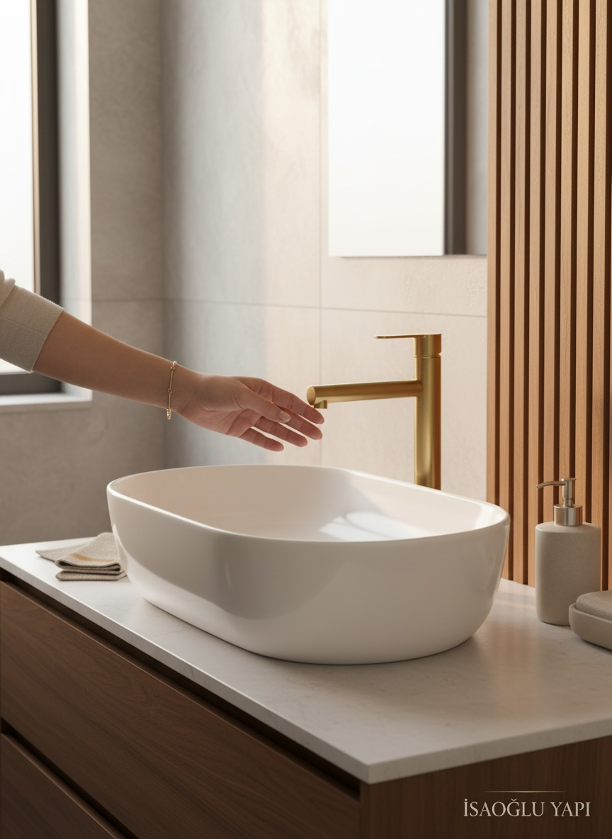 Mat Gold Çanak Lavabo Armatürü Yüksek Model Slim Tasarım Mat Altın Çanak Uyumlu Batarya