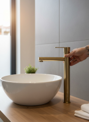 Mat Gold Çanak Lavabo Armatürü Yüksek Model Slim Tasarım Mat Altın Çanak Uyumlu Batarya