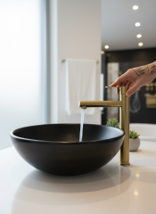 Mat Gold Çanak Lavabo Armatürü Yüksek Model Slim Tasarım Mat Altın Çanak Uyumlu Batarya