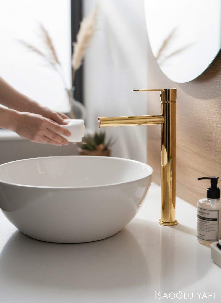 Gold Çanak Lavabo Armatürü Slim Tasarım Yüksek Model Gold Çanak Lavabo Bataryası