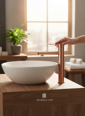 Mat Bakır Bronz Çanak Lavabo Armatürü Slim Tasarım Mat Bakır Özel Renk Çanak Lavabo Bataryası