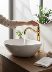 Gold Retro Banyo Çanak Lavabo Bataryası Yüksek Model Çanak Lavabolara Uygun Armatür