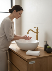 Mat Gold Retro Çanak Lavabo Bataryası Mat Altın Yüksek Model Çanak Uyumlu Armatür