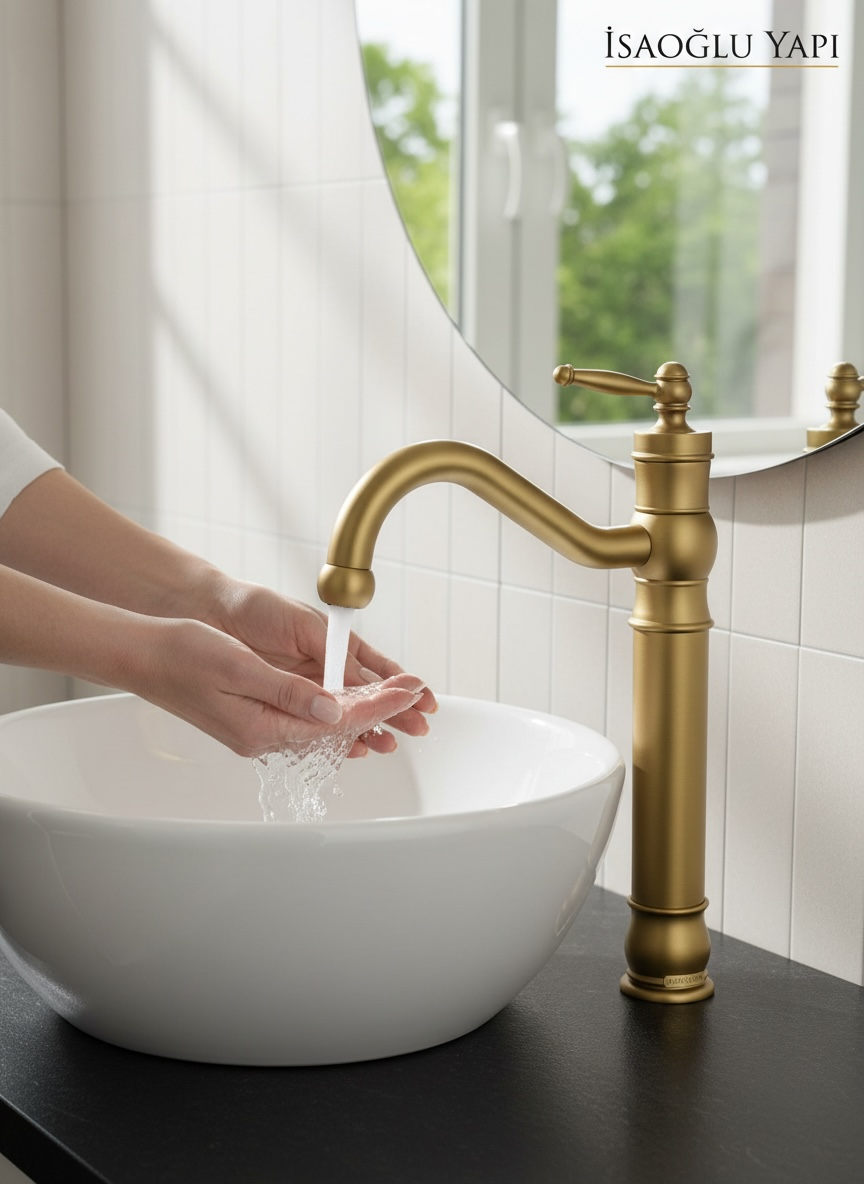 Mat Gold Retro Çanak Lavabo Bataryası Mat Altın Yüksek Model Çanak Uyumlu Armatür