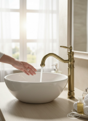 Antik Gold Çanak Lavabo Bataryası Retro Eskitme Gold Yüksek Model Çanak Lavabo Armatür