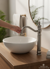 Mat Krom Retro Çanak Lavabo Bataryası Fırçalanmış Nikel Yüksek Model Çanak Armatür