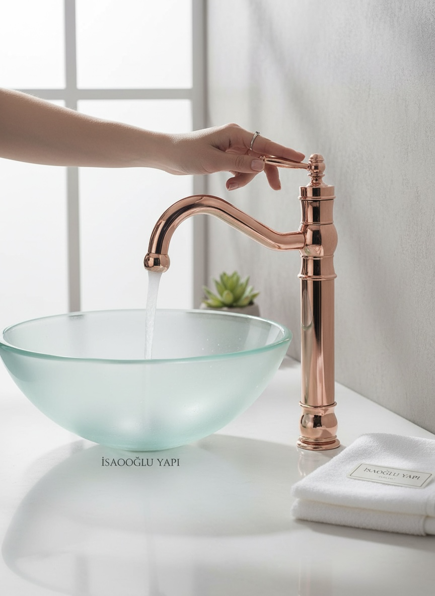 Bakır Çanak Lavabo Bataryası Retro Yüksek Model Çanak Lavabo Uyumlu Armatür