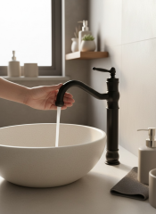 Mat Siyah Retro Çanak Lavabo Bataryası Yüksek Model Çanaklara Uyumlu Banyo Armatür