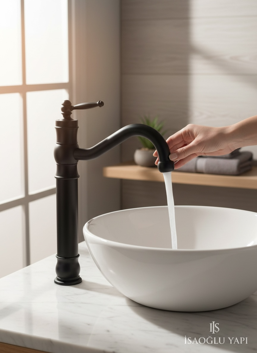 Mat Siyah Retro Çanak Lavabo Bataryası Yüksek Model Çanaklara Uyumlu Banyo Armatür