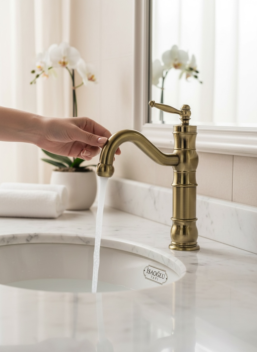 Antik Gold Retro Lavabo Bataryası Koyu Eskitme Gold Lavabo Armatür Paslanmaz Pirinç Materyal