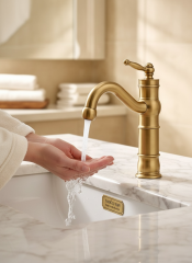 Mat Gold Retro Lavabo Bataryası Fırçalanmış Altın Paslanmaz Pirinç Materyal Lavabo Armatür