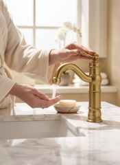 Mat Gold Retro Lavabo Bataryası Fırçalanmış Altın Paslanmaz Pirinç Materyal Lavabo Armatür