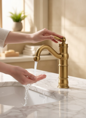 Mat Gold Retro Lavabo Bataryası Fırçalanmış Altın Paslanmaz Pirinç Materyal Lavabo Armatür