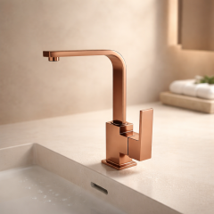 Mat Bakır Lavabo Bataryası Fırçalanmış Bronz Yüksek Model Kare Lavabo Armatür