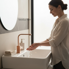 Mat Bakır Lavabo Bataryası Fırçalanmış Bronz Yüksek Model Kare Lavabo Armatür