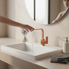 Mat Bakır Lavabo Bataryası Fırçalanmış Bronz Yüksek Model Kare Lavabo Armatür