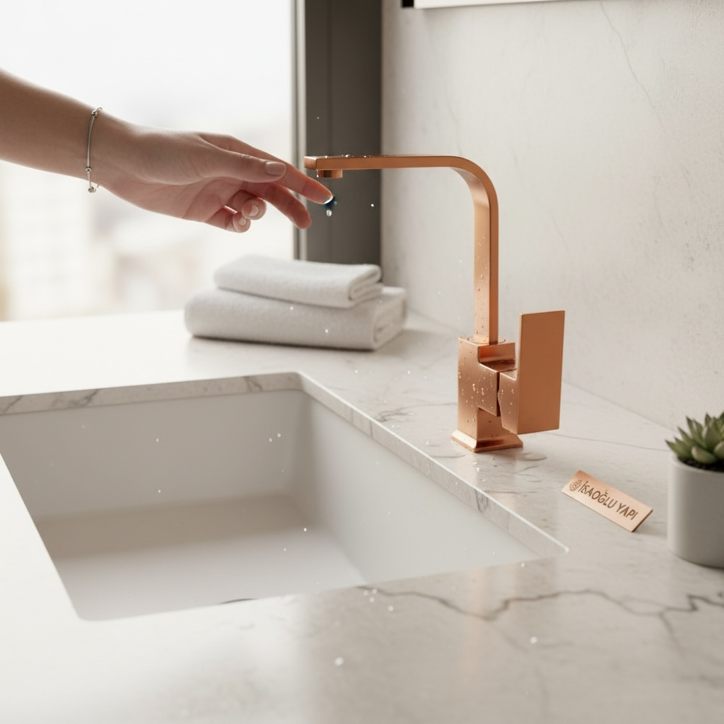 Mat Bakır Lavabo Bataryası Fırçalanmış Bronz Yüksek Model Kare Lavabo Armatür