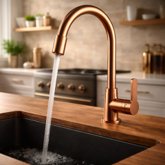 Mat Bakır Mutfak Bataryası Fırçalanmış Bronz Evye Armatür Pirinç Materyal