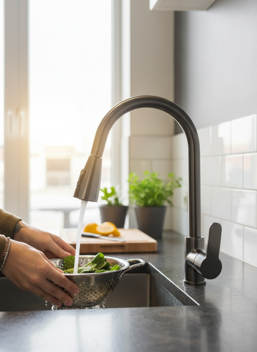 Antrasit Gri Mutfak Bataryası Spiralli Uzayan Sistem Tazzikleme Özellikli Antrasit Mutfak Armatürü