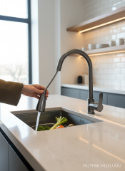 Antrasit Gri Mutfak Bataryası Spiralli Uzayan Sistem Tazzikleme Özellikli Antrasit Mutfak Armatürü