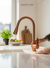 Mat Bakır Mutfak Bataryası Spiralli Uzayan Sistem Mutfak Armatürü Tazzikleme Özellikli Mat Bronz