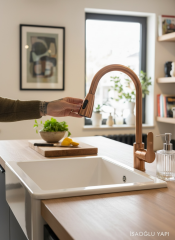 Mat Bakır Mutfak Bataryası Spiralli Uzayan Sistem Mutfak Armatürü Tazzikleme Özellikli Mat Bronz