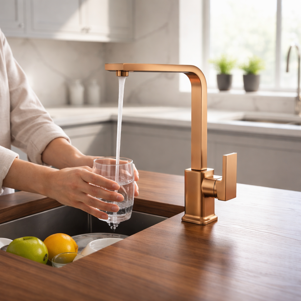 Mat Bakır Mutfak Bataryası Fırçalanmış Bronz Kare Evye Armatür Pirinç Materyal Paslanmaz Batarya