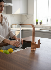 Mat Bakır Mutfak Bataryası Fırçalanmış Bronz Kare Evye Armatür Pirinç Materyal Paslanmaz Batarya