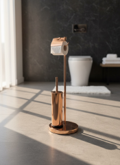 Bakır Klozet Fırçası ve Tuvalet Kağıtlığı Bronz Çöp Kovası Üçlü Banyo Seti Bakır Pedallı Kova