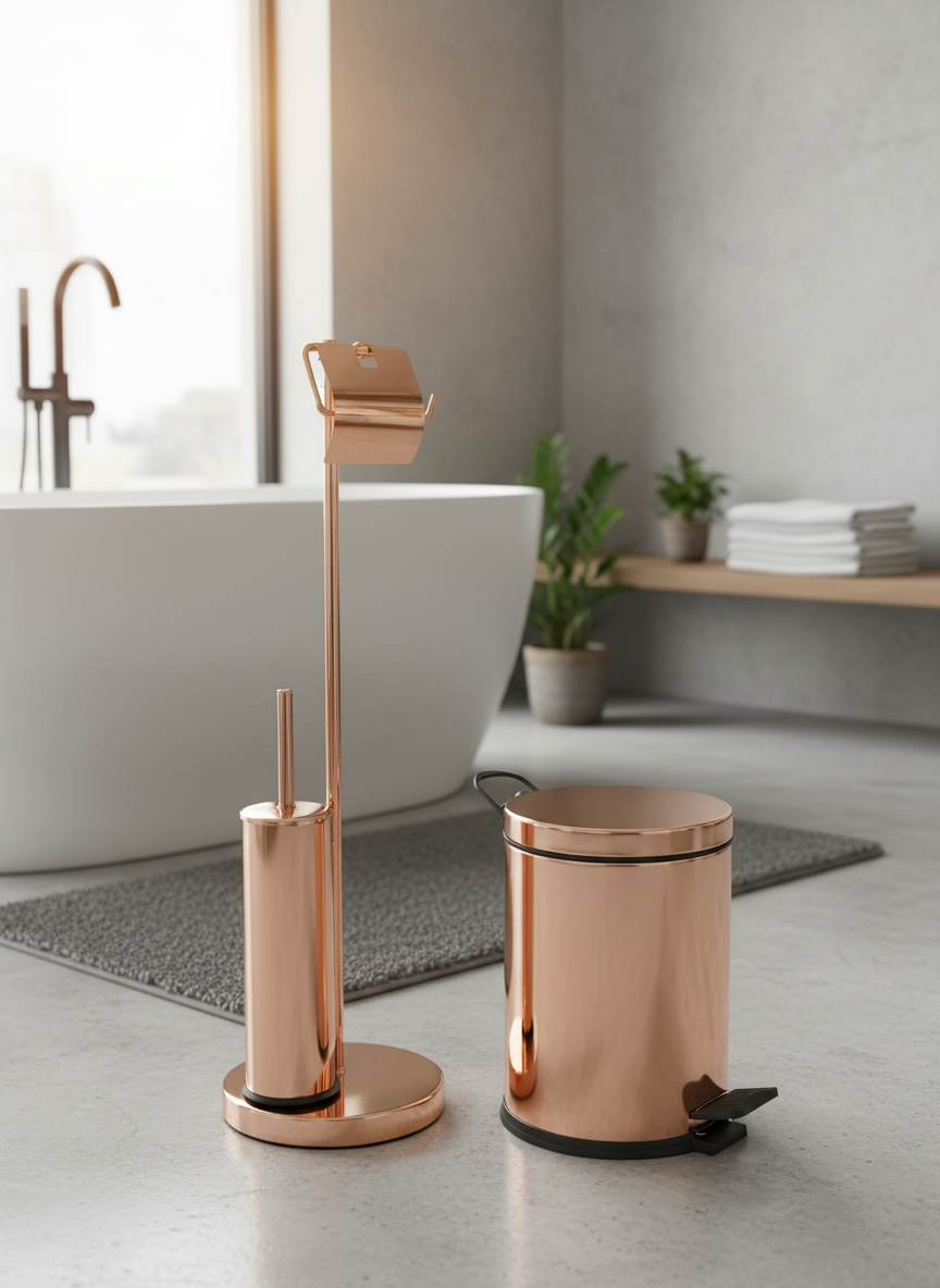 Bakır Klozet Fırçası ve Tuvalet Kağıtlığı Bronz Çöp Kovası Üçlü Banyo Seti Bakır Pedallı Kova