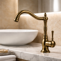 Antik Gold Retro Lavabo Bataryası Yüksek Model Oynar Başlıklı Rustik Eskitme Lavabo Armatür