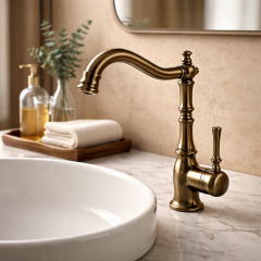 Antik Gold Retro Lavabo Bataryası Yüksek Model Oynar Başlıklı Rustik Eskitme Lavabo Armatür