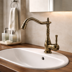 Antik Gold Retro Lavabo Bataryası Yüksek Model Oynar Başlıklı Rustik Eskitme Lavabo Armatür