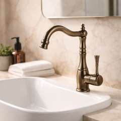 Antik Gold Retro Lavabo Bataryası Yüksek Model Oynar Başlıklı Rustik Eskitme Lavabo Armatür