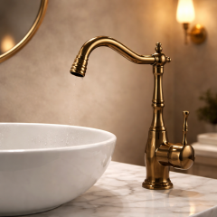 Antik Gold Retro Lavabo Bataryası Yüksek Model Oynar Başlıklı Rustik Eskitme Lavabo Armatür