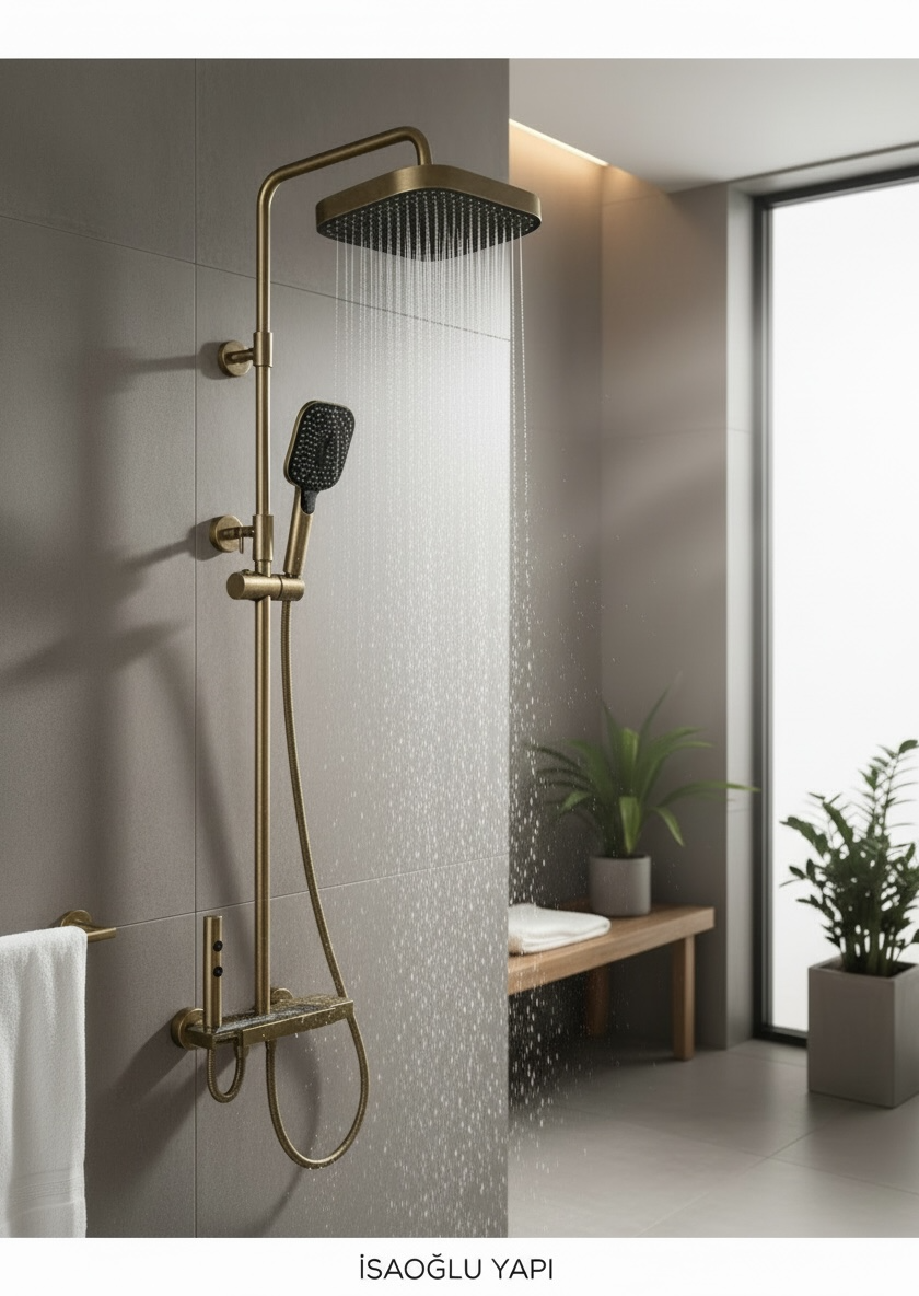 Antik Gold Duş Sistemi Piano Göstergeli Ledli Ekstra Tazzik Duş Temizlemeli Eskitme Gold Armatür