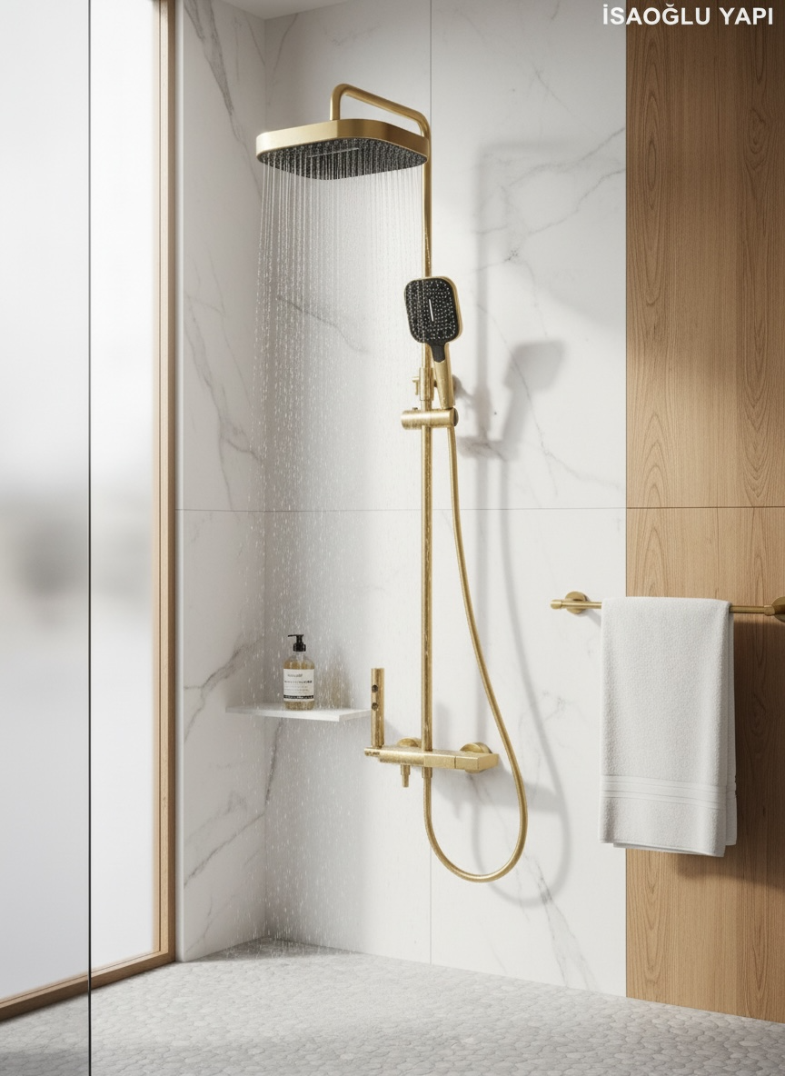 Mat Gold Duş Sistemi Piano Tasarım Ledli Ekstra Duş Tazzikleme Özellikli Mat Altın Duş Seti