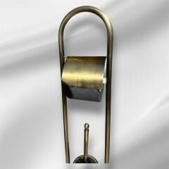 Antik Gold Tuvalet Kağıtlığı ve Fırçalık Seti Ayaklı Banyo Seti Antik Eskitme Pirinç