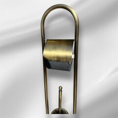 Antik Gold Tuvalet Kağıtlığı ve Fırçalık Seti Ayaklı Banyo Seti Antik Eskitme Pirinç
